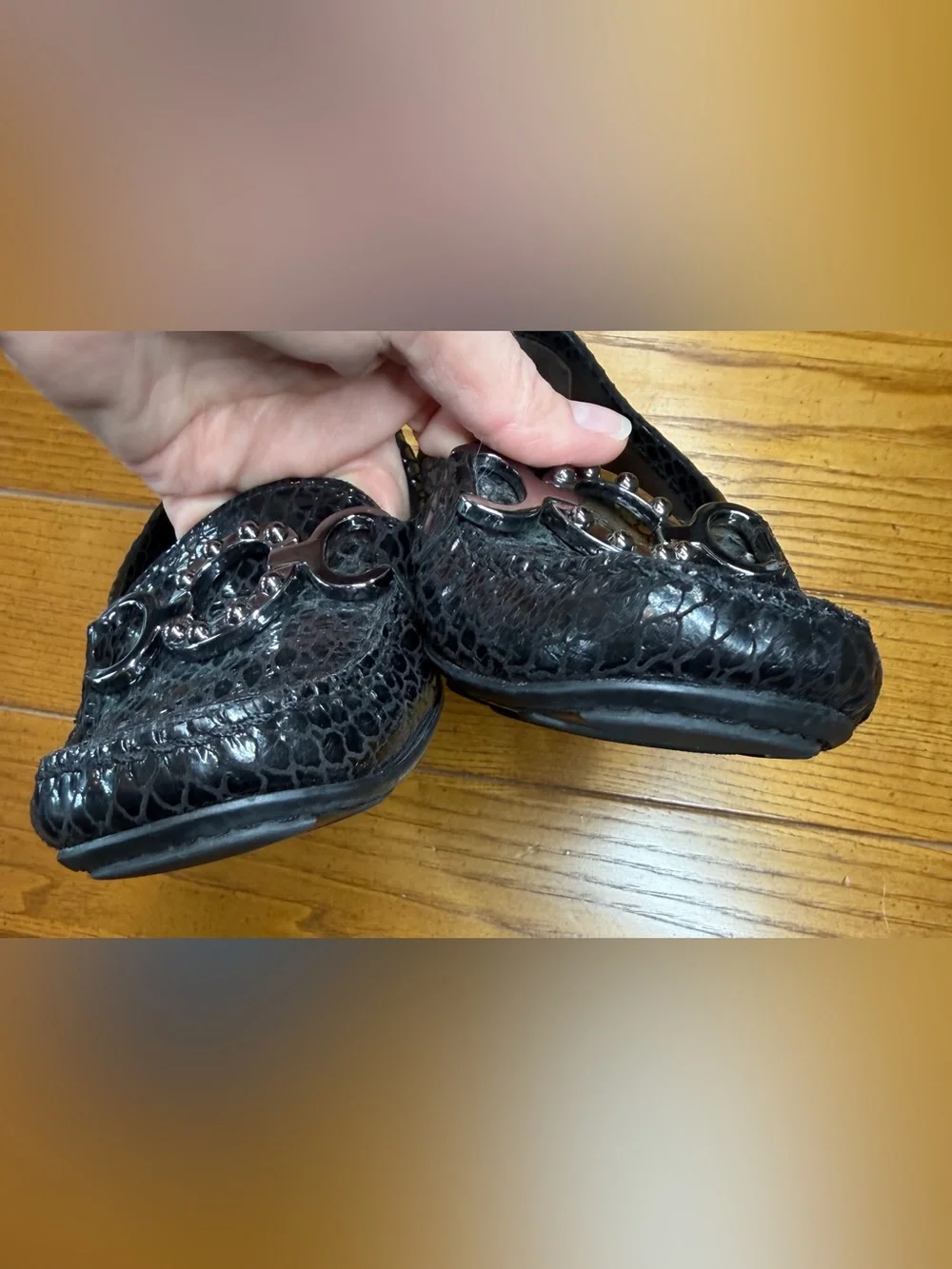 Stuart Weitzman Black Snake Embossed Patent Leather Loafers Flats 7.5M